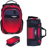 ELEPHANT 3 Teile Set Schulrucksack Jungen Mädchen Signature Hero 2 Schultasche Laptopfach Rucksack + Sporttasche + Mäppchen Box (Red Cube 12868 (Rot Schwarz))