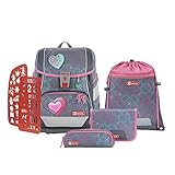 Step by Step Schulranzen-Set 2IN1 PLUS Glitter Heart Hazle, 6-teilig, rosa-grau, ergonomischer Tornister mit Reflektoren, höhenverstellbar mit Hüftgurt, für die 1. bis 4. Klasse, 19L