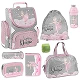 Familando Ballerina Mädchen Schulranzen Set 8 TLG | Ranzen 1. Klasse | Schultasche mit Sporttasche, Brotdose, Trinkflasche und Regenschutz | Ballett Princess