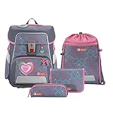 Step by Step Schulranzen-Set SPACE Glitter Heart Hazle, 5-teilig, rosa-grau, Herz, ergonomischer Tornister mit Reflektoren, höhenverstellbar mit Hüftgurt, für die 1. bis 4. Klasse, 20L